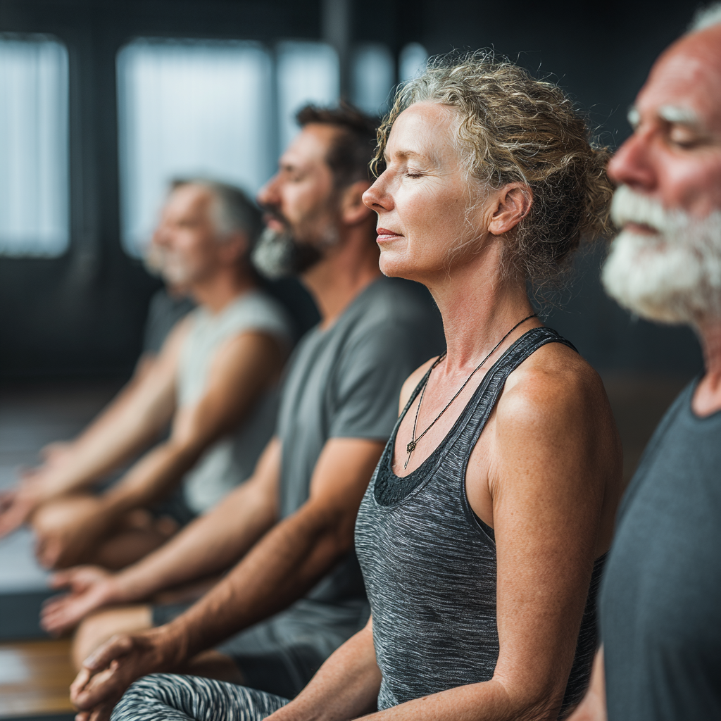 Group of people aged 40-55 in relaxed yoga poses, peaceful studio setting, natural lighting, diverse group enjoying gentle practice together