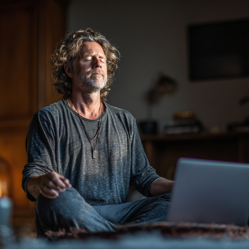 Mature man practicing yoga at home, laptop screen showing online class, peaceful home environment, age 40-45, focused expression during virtual session