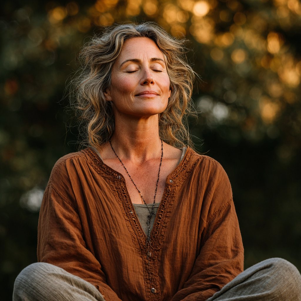 Middle-aged woman in comfortable yoga pose outdoors, peaceful expression, surrounded by nature, age 45-50, wearing earth-tone clothing